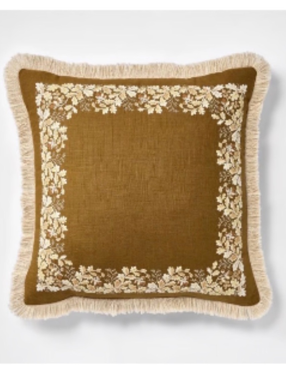 Embroidered Fringe Square Throw Pillow - brown & Cream